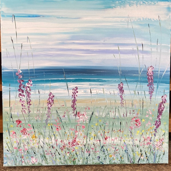 Contemporary Abstract Flowers palette knife painting on 24"x24"  ~  60x60cm box canvas ready to hang. Seascape art