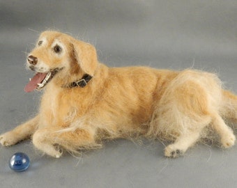 Golden Retriever needle felted dog miniature dog portrait from photo custom dog replica felted with dog hair sculpture with teeth and tongue