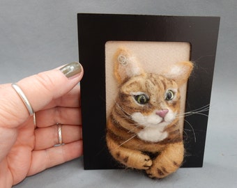 3D Katzenporträt, nadelgefilzte Katze gerahmte Filzkatze mit Rahmen Nadelfilz Katzenporträt von Fotos Tigerkatze gerahmt Kunstporträtbild