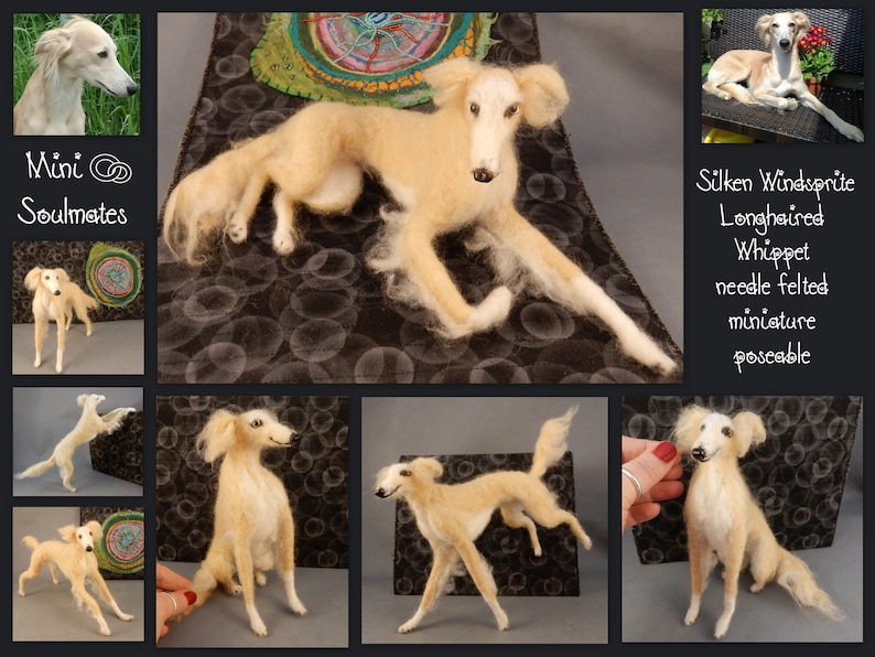 Silken Windsprite needle felted dog miniature long haired Whippet custom dog clone custom felted dog urn deco idea pet memorial lookalike image 3