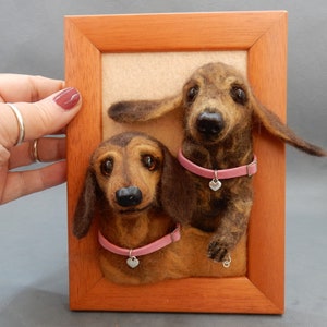 Custom dog portrait framed dachshund portraits needle felt dog 3D portraits from photo 2 dogs 3D image pet mourning help Wiener dog portrait