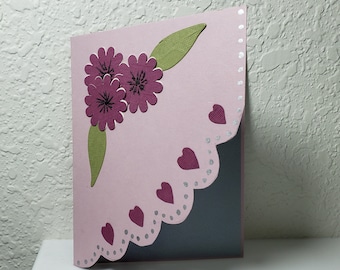 Blank greeting card, gray inside, die cut flower shape, A2 size card, any occasion card