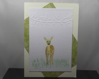 Deer in watercolor, hand painted and embossed card, 5x7 in,  watercolor painting on card, original painting, not a print