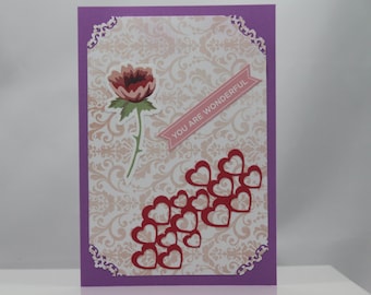 5x7 card, with hearts image, you are wonderful sentiment, blank inside, any occasion