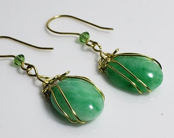 Wire wrap green cabochon gemstone earrings with golden brass wire jewelry