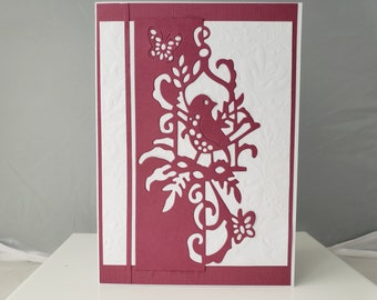 Blank card with bird pattern, card for any occassion, 5x7 inches, red card with ivory background