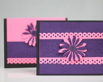 Purple card, pink card, blank card inside, flower card, thank you card, blank card, optional greeting, A2 card, embossed card