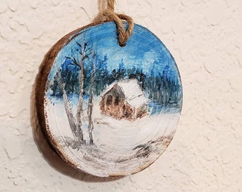 Mini tiny acrylic painting on wood slice, painted wood coaster, winter snow scenery, wood slice ornament
