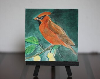 Bird acrylic painting on magnetic canvas 4x4 in, cardinal painting