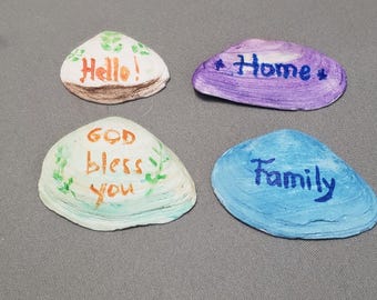 Hand-Painted Seashell Words – Small Beach Decor | Inspirational Shell Gifts | Family • Home • Hello • God Bless You | Coastal Party Favors