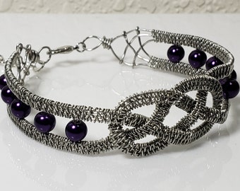 Celtic knot wire woven copper bracelet in silver tone, with purple pearl beads, adjustable length