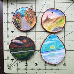 Hand-Painted Wood Slice Ornament: Mini Acrylic Landscape Painting