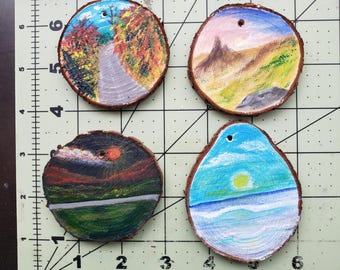 Hand-Painted Wood Slice Ornament: Mini Acrylic Landscape Painting