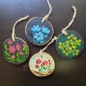 Hand painted wood slice ornaments, floral painting in acrylic