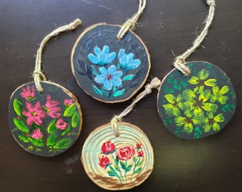 Hand painted wood slice ornaments, floral painting in acrylic