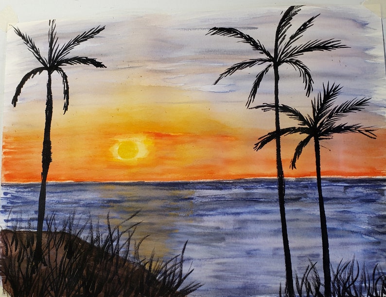 Tropical beach sunset wall art watercolor painting palm Painting only
