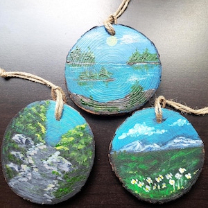 One-of-a-kind art on natural wood, hand-painted wood slice