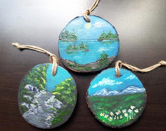 One-of-a-kind art on natural wood, hand-painted wood slice