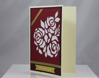 Beautiful day,  blank card, red card, 5x7 card, personalized greeting, stencil, heat embossed card