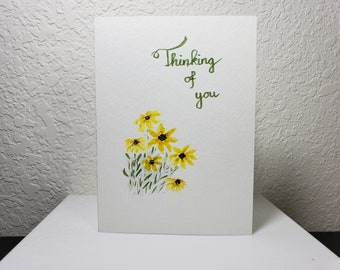 Thinking Of You, original watercolor painting on card (not a print), yellow cornflower flower, watercolor card