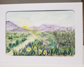 Landscape watercolor painting on card, not a print. Blank inside to enable personalized notes.