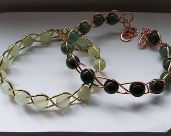 Wire work copper bracelet, green gemstone beads, adjustable length, braided wire bracelet