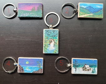 Hand-Painted Wooden Keychain – Mini Landscape Art
