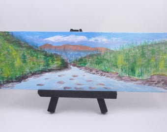 Original art, acrylic landscape painting, small canvas panel, 9x3 in with mini wooden easel