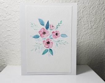 Blank greeting card, hand painted flowers in watercolor on greeting card, original painting, not a print