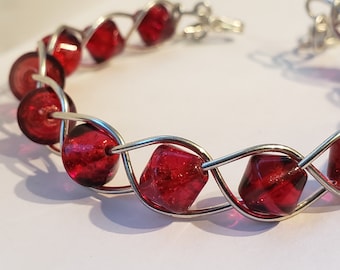 Adjustable length bracelet, red glass beads wire work jewelry, braided  silver tone wire