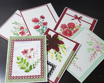 Set of 6  hand painted flower cards, 5x6 inches folded, original watercolor art, not a print