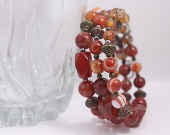 Red agate,  gemstone beads, multi-strand bracelet,  beaded bracelet, memory wire, adjustable length clasp