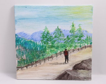 Mini painting on easel, acrylic painting, mini canvas panel, canvas 4x4 in, handmade gift, Lone walk