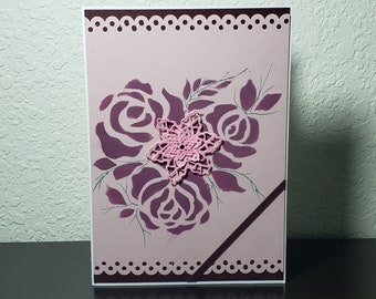 Lavender card, Purple roses, blank inside, 5x7 inches, personalized greeting