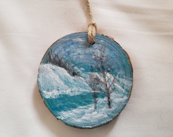 Hand painted wood slice ornament, mini original acrylic painting, winter snow