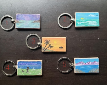 Hand painted rectangular wooden keychains, mini landscape acrylic paintings