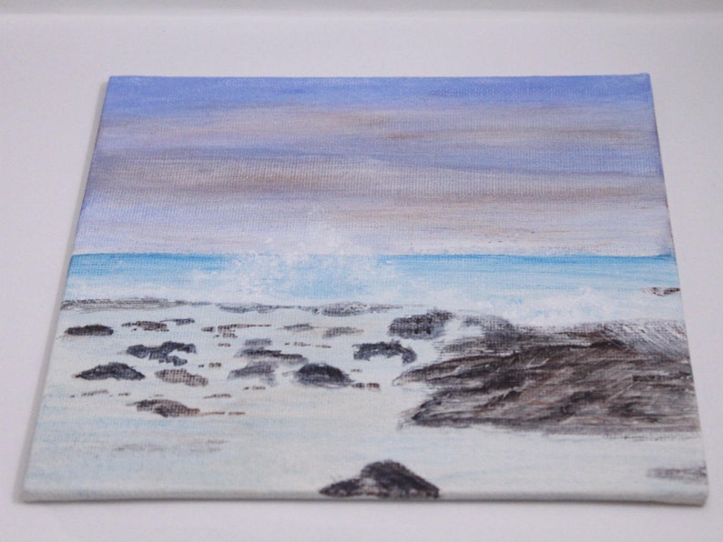 Ocean waves, tide pools, acrylic art painting, mini canvas, canvas panel 6x6in image 3