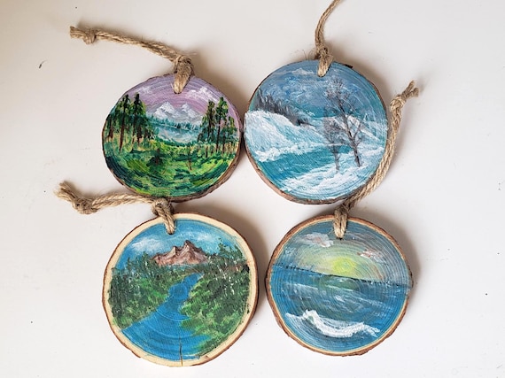 Various hand-painted wood slices. One-of-a-kind art on natural wood. Not mass-produced.