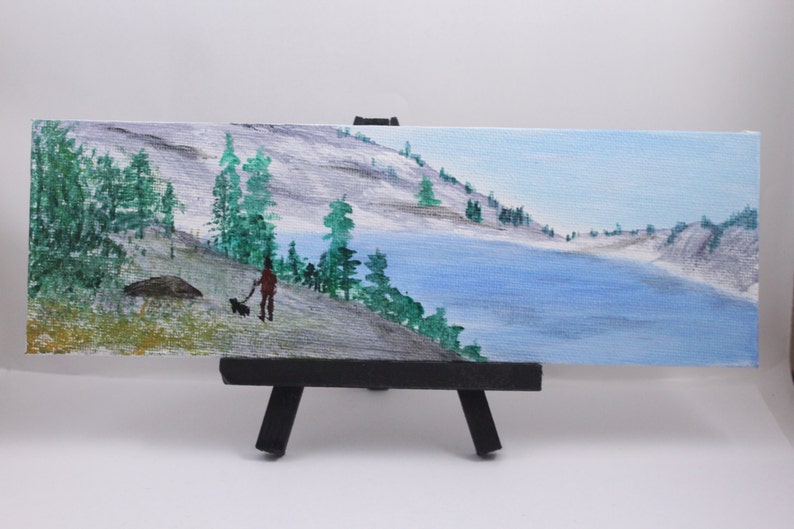 Original art, mini acrylic painting, mountain landscape painting, canvas panel 9x3 in image 1