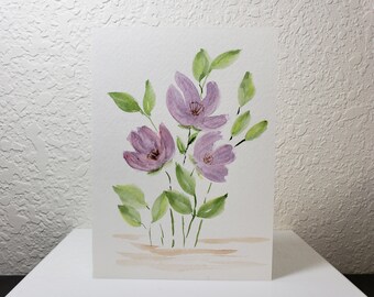 Purple flower painting on watercolor card, blank greeting card, original art painting, not a print