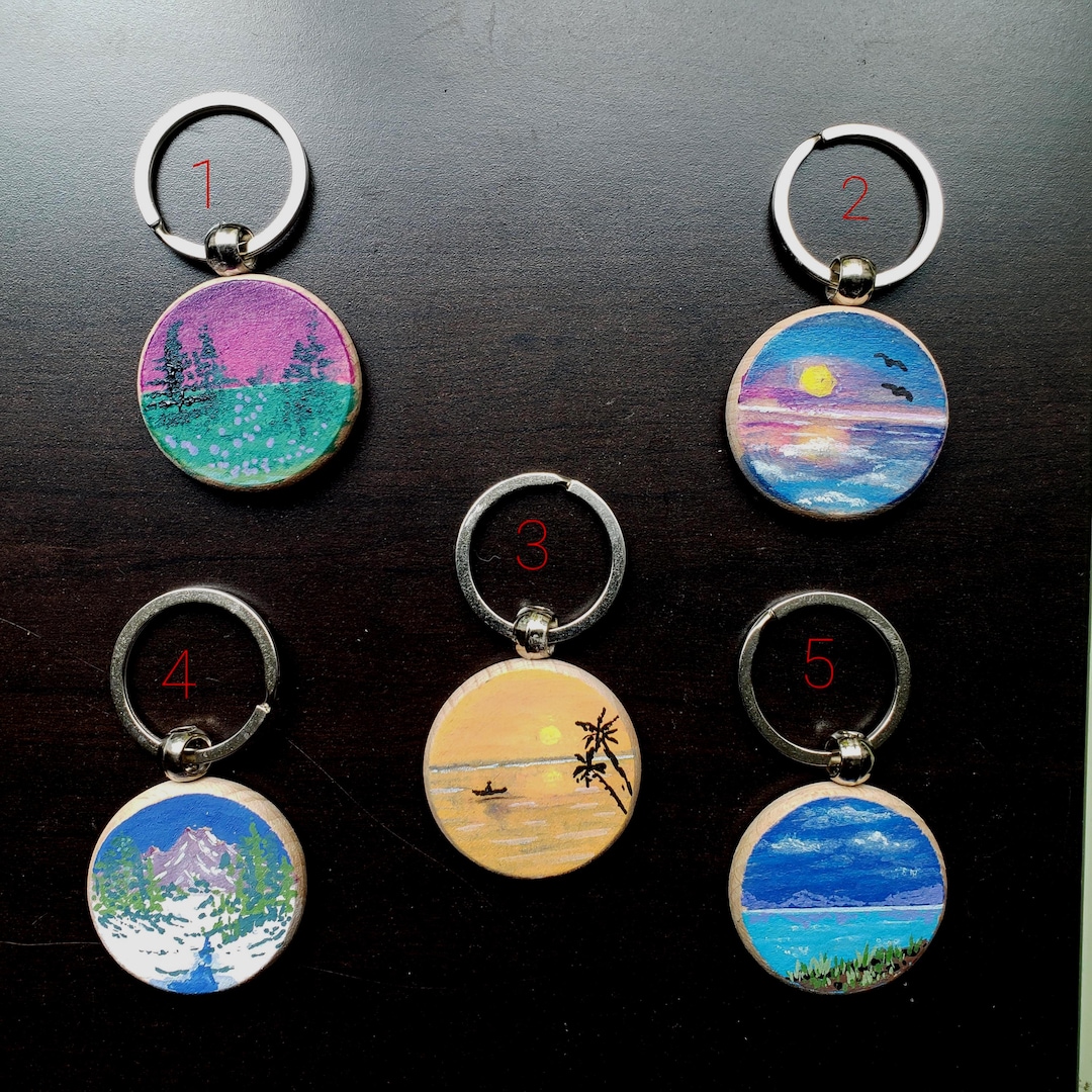 Landscape Keychain Hand-painted Circle Wooden Keychain – Mini Landscape Art in Acrylic - Etsy