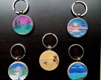 Hand-Painted Circle Wooden Keychain – Mini Landscape Art in acrylic