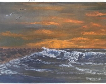 Original Seascape Acrylic Painting, Big Ocean Waves at Sunset on Jetty, Coastal Wall Canvas Art, 12x16 inches