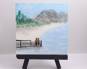 Mini original art, acrylic painting on mini easel, canvas panel 4x4 in, handmade art gift