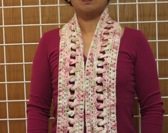 Long acrylic crochet scarf, rosewood color, with linked rings