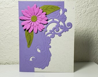 Handcrafted flower greeting card, intricate cut and lace die cuts, A2 size card, optional/personalized greeting