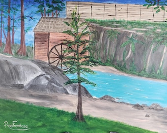 Original Watermill Acrylic Painting, Rustic Landscape Wall Art, 16x20 Stretched Canvas