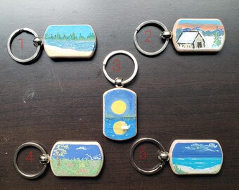 Hand painted wooden keychains, mini landscape acrylic paintings