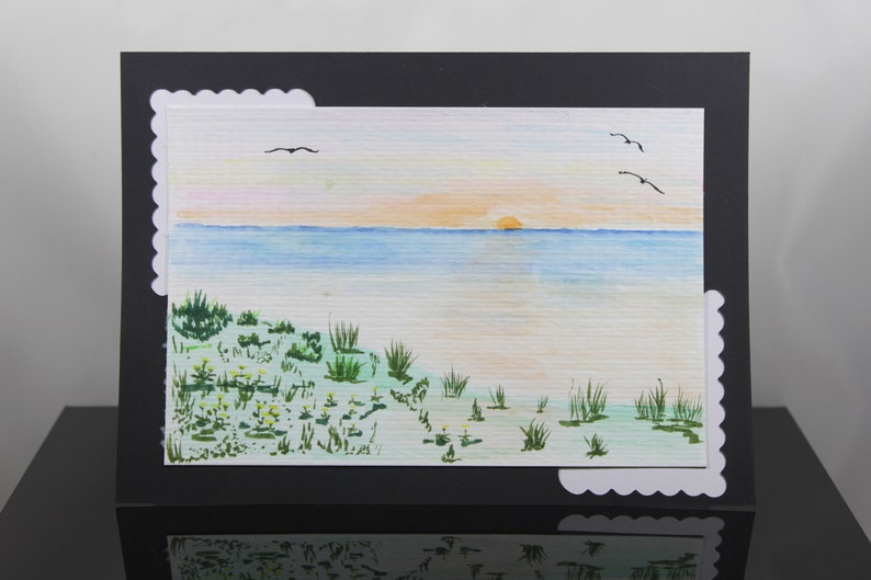 Mini watercolor painting beach sunset hand painted card image 1