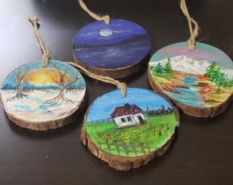 Hand painted wood slice ornament, mini original acrylic painting, landscape painting